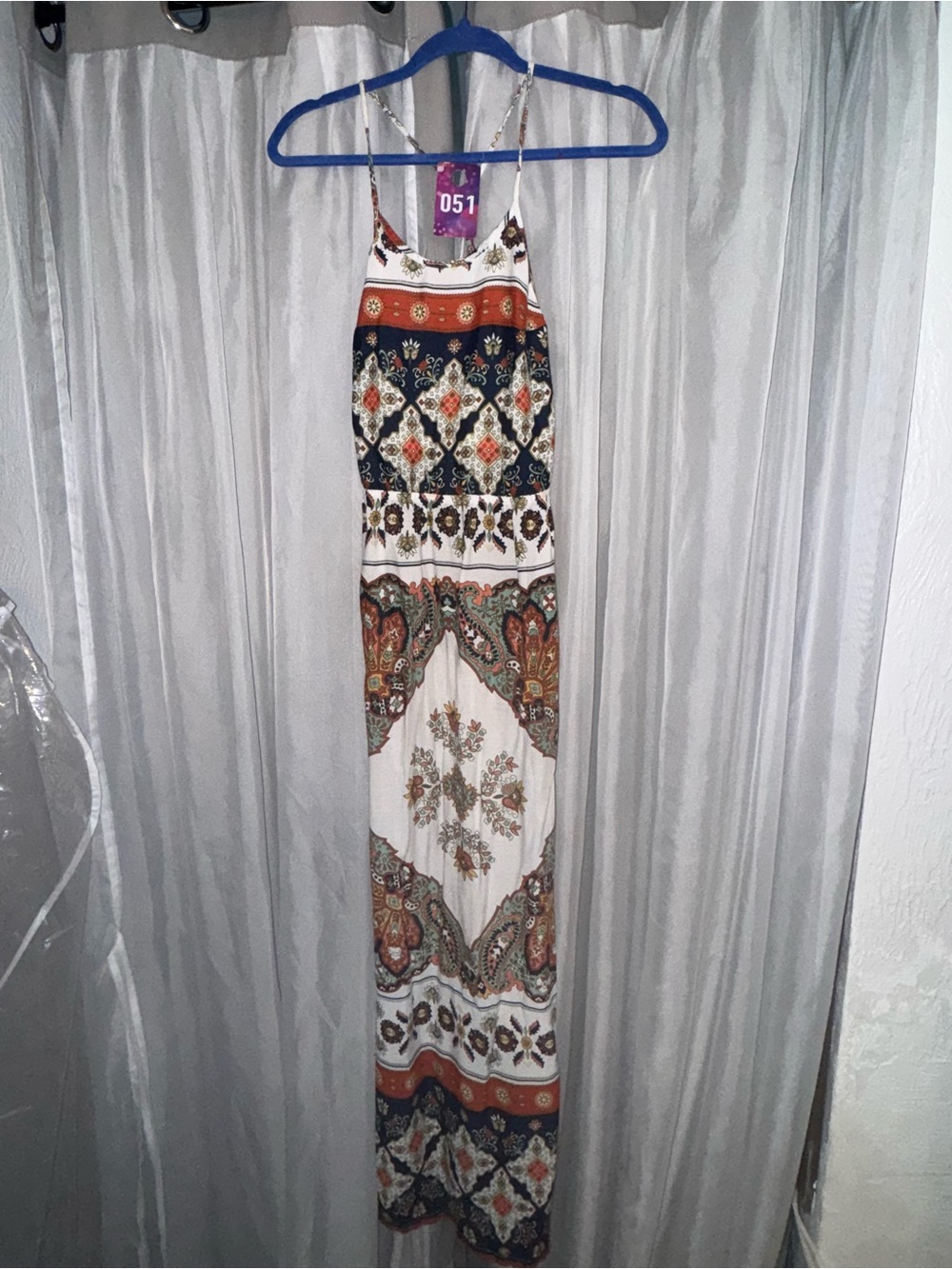 Roxy White Maxi Dress with Navy and Orange Ethnic Print
